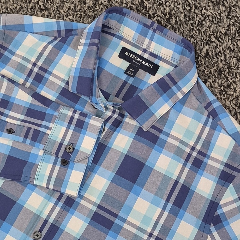 Mizzen Main Dress Shirt Mens Large Leeward Trim Stretch Long‎ Sleeve Blue Plaid